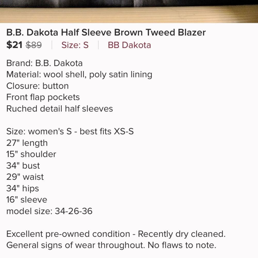 BB Dakota Half Sleeve Brown Wool Blend Blazer - Picture 8 of 8